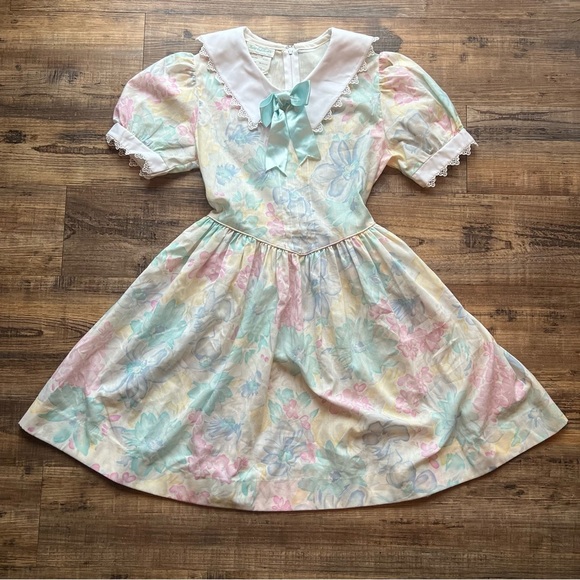 Vintage Rare Editions Girls Floral Pastel Peter Pan Collar Dress Easter Size 12 - Picture 1 of 8